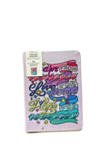 Journal with colorful text design on a white background