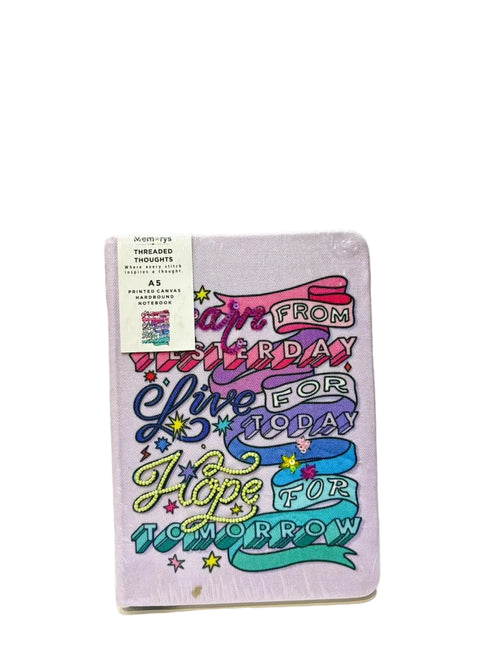 Journal with colorful text design on a white background